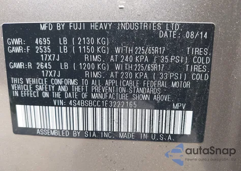 2015 Subaru Outback 2.5I Premium z USA, uszkodzony, nr VIN 4S4BSBCC1F3222165